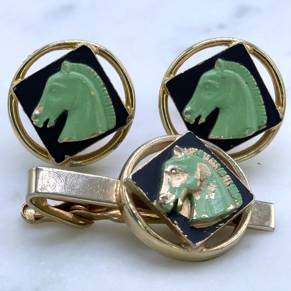 Vintage Men Gold Black Green 3D Horse Head Equestrian Cufflinks + Tie Clasp Clip - Picture 1 of 9